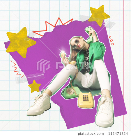 Stylish young girl in green jacket sitting with two retro phone against abstract design with doodles. Contemporary art collage. Stylish young girl in green jacket sitting with two retro phone against abstract design with doodles. Contemporary art collage. 112471824