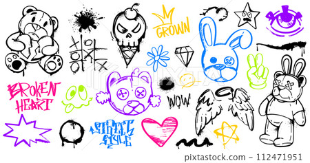Spray paint graffiti color bear, rabbit, heart, skull, wings and street tags Spray paint graffiti color bear, rabbit, heart, skull, wings and street tags 112471951