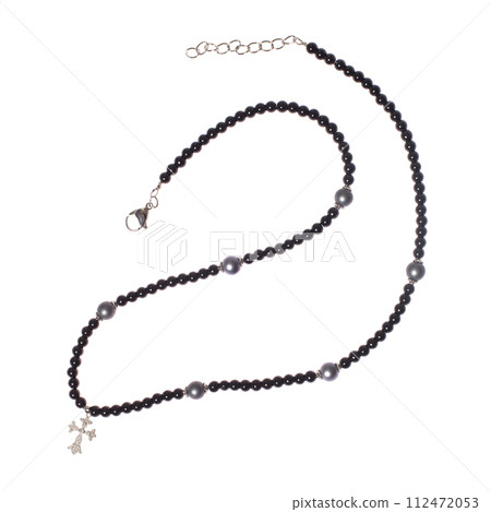Gothic black long collier necklace with cross pendant isolated on white background 112472053