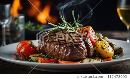Juicy grilled steak with vegetables and herbs. An ideal choice for a restaurant menu or cookbook. 112472093