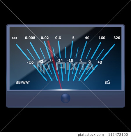 Analog VU meter with peak LED. Decibel power level. A volume unit - VU meter left and right. Device displaying a representation of the signal level in audio equipment. Vector illustration. Analog VU meter with peak LED. Decibel power level. A volume unit - VU meter left and right. Device displaying a representation of the signal level in audio equipment. Vector illustration. 112472100