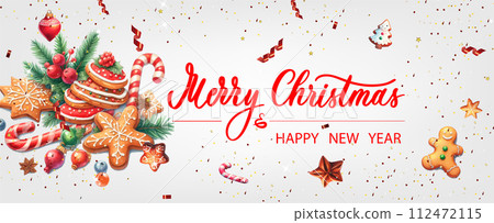 Christmas banner. Xmas background objects viewed from above. Calligraphy text Merry Christmas and Happy New Year. 112472115