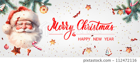 Christmas banner. Xmas background objects viewed from above. Calligraphy text Merry Christmas and Happy New Year. Christmas banner. Xmas background objects viewed from above. Calligraphy text Merry Christmas and Happy New Year. 112472116
