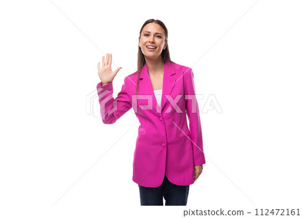 portrait of a young slender businesswoman with straight black hair dressed in a lilac jacket portrait of a young slender businesswoman with straight black hair dressed in a lilac jacket 112472161