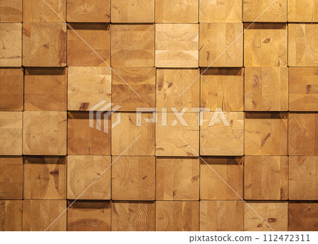 Stacked wooden background. Brown plank wall panel for design. Rough edge wood grain. 112472311
