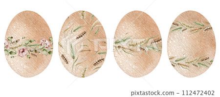 Collection Easter eggs. Watercolour design symbol on a white background. Spring holiday symbol of family. Religion decorative icon. Collection Easter eggs. Watercolour design symbol on a white background. Spring holiday symbol of family. Religion decorative icon. 112472402