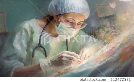 Woman surgeon working with patient in surgical operating room. Ai generated painting 112472581