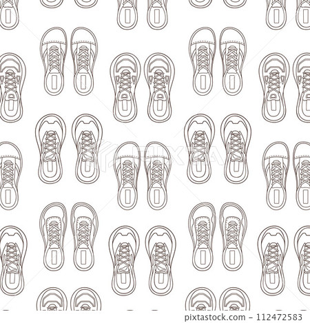 Line art footwear sneakers seamless pattern. Casual sportswear, trendy fitness training shoes. Vector illustration on a white background. Line art footwear sneakers seamless pattern. Casual sportswear, trendy fitness training shoes. Vector illustration on a white background. 112472583