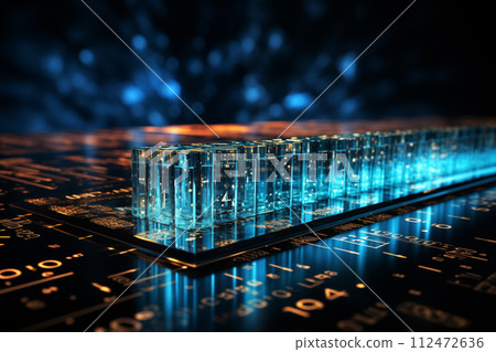 3d illustration of glass cube on a black background with binary code 112472636