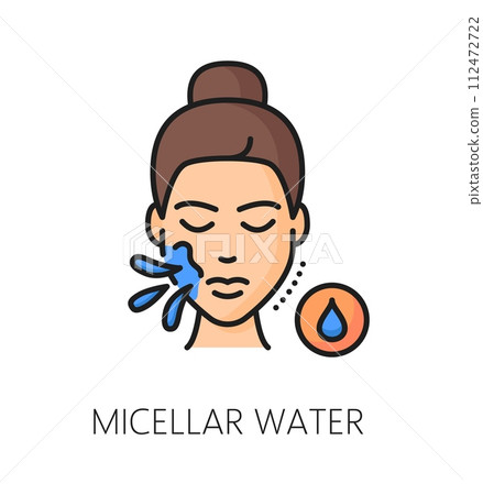 Micellar water for face clean, color line icon for cosmetology and skincare, outline vector. Facial cleaning and treatment cosmetics icon of micellar water for woman beauty and face skin care Micellar water for face clean, color line icon for cosmetology and skincare, outline vector. Facial cleaning and treatment cosmetics icon of micellar water for woman beauty and face skin care 112472722