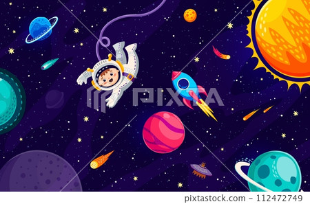 Cartoon boy astronaut in outer space near rocket and galaxy planet stars. Space travel, galaxy exploration adventure cartoon vector backdrop with funny kid spaceman, rockets and solar system planets 112472749