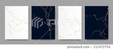 Kintsugi golden cracks texture on marble, backgrounds with pattern for vector tile. Broken marble effect with gold foil lines of crackles in black and white stone, Kintsugi or Kintsukuroi ceramic art 112472750