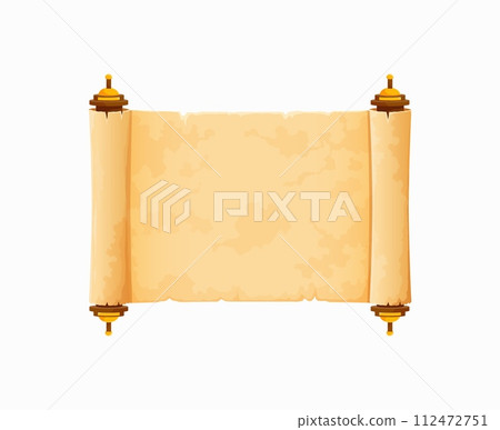 Arcade game frame, ancient Egypt. Vintage Egyptian papyrus scroll. Cartoon vector gui or ui asset for antique civilization quiz. Versatile writing medium for hieroglyphs, records, and religious texts 112472751