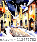 Vibrant watercolor painting of a winter night in a medieval town. Created with AI. 112472782