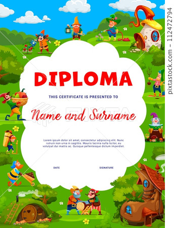 Kid diploma, fairytale village of cartoon garden gnome and dwarf characters, vector education certificate. Dwarf farmer and gnome gardener working in fairy tale garden for kids diploma background Kid diploma, fairytale village of cartoon garden gnome and dwarf characters, vector education certificate. Dwarf farmer and gnome gardener working in fairy tale garden for kids diploma background 112472794