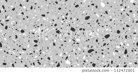Black, white and grey terrazo mosaic tile pattern, terazzo marble stone floor texture, terazo ceramic background. Vector blend of marble, granite and glass chips, speckled surface for flooring or wall 112472801