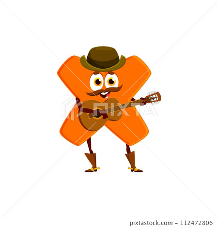 Cartoon cowboy, sheriff, and robber multiplication math symbol character plucking tunes on a guitar. Isolated vector whimsical stockrider personage adds a numerical twist to the Wild West adventures Cartoon cowboy, sheriff, and robber multiplication math symbol character plucking tunes on a guitar. Isolated vector whimsical stockrider personage adds a numerical twist to the Wild West adventures 112472806