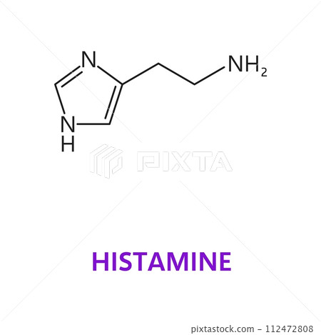 Neurotransmitter, Histamine chemical formula and molecule, vector molecular structure. Histamine, neurotransmitter in nervous or immune system and neuron receptor modulator in chemical structure Neurotransmitter, Histamine chemical formula and molecule, vector molecular structure. Histamine, neurotransmitter in nervous or immune system and neuron receptor modulator in chemical structure 112472808