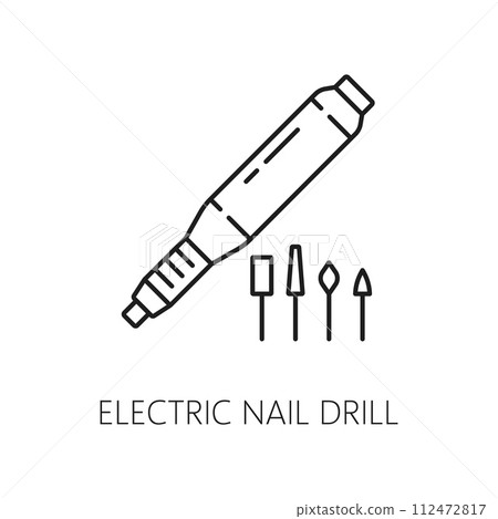 Nail manicure service icon of electric nail drill, hands care and beauty tools, line vector. Manicure and nail care or treatment device of electric drill for fingernails, thin outline pictogram 112472817