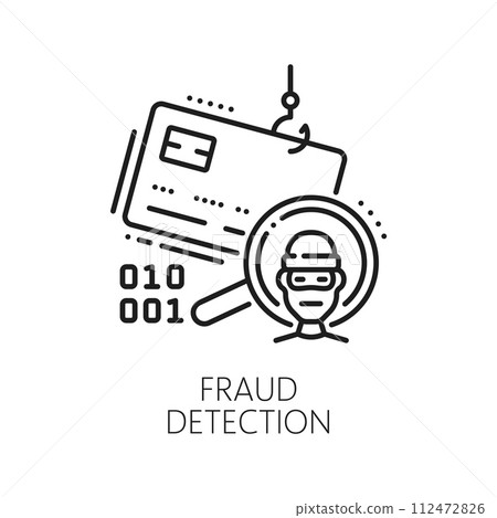 Online fraud, cryptocurrency fintech, online payment safety line icon. Online payment safety, Internet fraud and bank account security line vector symbol with thief, credit card and fishing hook Online fraud, cryptocurrency fintech, online payment safety line icon. Online payment safety, Internet fraud and bank account security line vector symbol with thief, credit card and fishing hook 112472826
