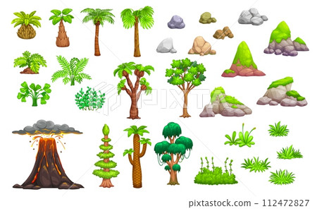 Jungle and jurassic period environment game assets, vector UI. Prehistoric nature landscape elements with cartoon tropical forest palms and trees, plants and grass, erupting volcano, lava and smoke Jungle and jurassic period environment game assets, vector UI. Prehistoric nature landscape elements with cartoon tropical forest palms and trees, plants and grass, erupting volcano, lava and smoke 112472827