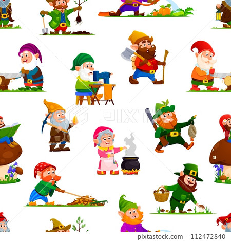 Cartoon gnome or dwarf characters seamless pattern, vector background for kids. Cute village gnome workers pattern, dwarf farmer in garden, cooking or sewing, gnome hunter with lumberjack and miner Cartoon gnome or dwarf characters seamless pattern, vector background for kids. Cute village gnome workers pattern, dwarf farmer in garden, cooking or sewing, gnome hunter with lumberjack and miner 112472840