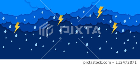 Paper cut rain clouds with water drops and lightning thunderstorm, vector background. Rainy weather, storm and thunderbolt lightning flash in sky, paper cut clouds with raindrops in cutout layers 112472871