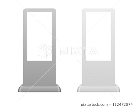 Touch screen kiosk stand mockup, modern realistic 3d vector design. White interactive displays, versatile and stylish solution for user accessibility. Digital information board, self-service terminals 112472874