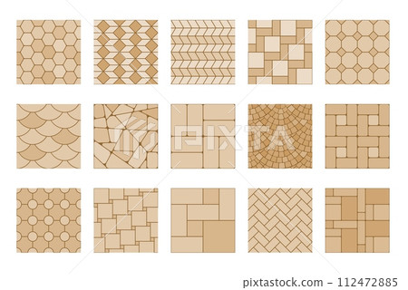 Pavement top view pattern, street cobblestone, garden sidewalk tile. Patio cement cobblestone textures, garden or park pathway concrete tile vector background or walkway brick pavement patterns set 112472885