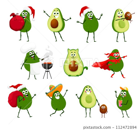 Cartoon avocado characters vector set. Santa Claus with gifts bag, avocat animal, mariachi in sombrero, superhero, chief cooking barbeque meals. Parent with baby seed, boy in cap drinking cocktail Cartoon avocado characters vector set. Santa Claus with gifts bag, avocat animal, mariachi in sombrero, superhero, chief cooking barbeque meals. Parent with baby seed, boy in cap drinking cocktail 112472894