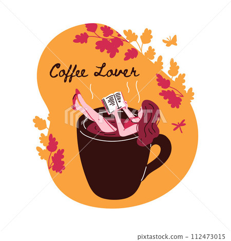 Young woman lying in the huge cup with hot coffee, enjoying and reading book, cartoon coffee lover vector comic poster Young woman lying in the huge cup with hot coffee, enjoying and reading book, cartoon coffee lover vector comic poster 112473015