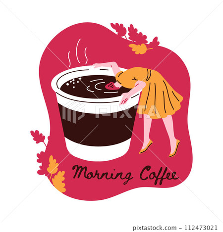 Young woman stuck her head in a cup of coffee, cartoon funny character with floral, morning coffee vector comic design 112473021