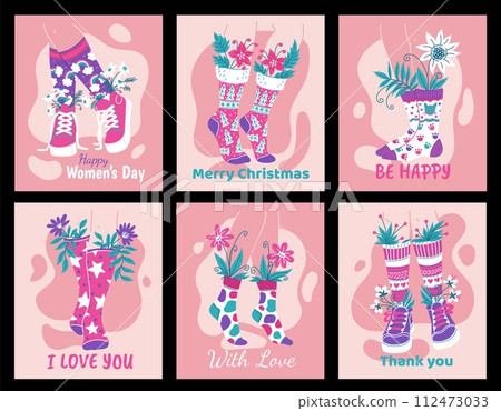 Cards for holidays and greetings with funny socks, flat vector illustration. Cards for holidays and greetings with funny socks, flat vector illustration. 112473033