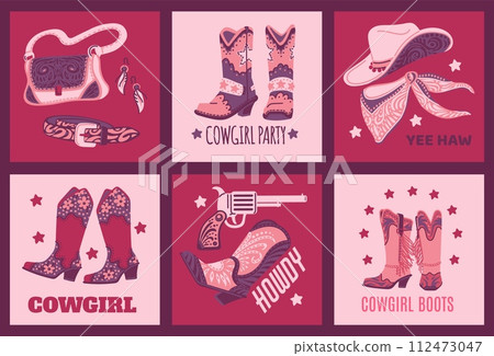 Retro west cowgirl accessories on vector posters set, Boho style bag, boots, neck scarf with floral print, hat and gun 112473047