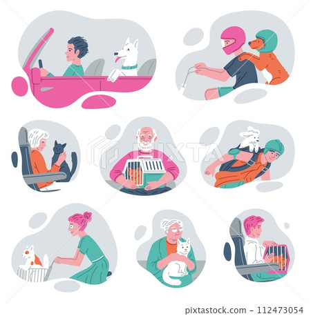 Traveling with pets, set of flat cartoon vector illustrations on white 112473054