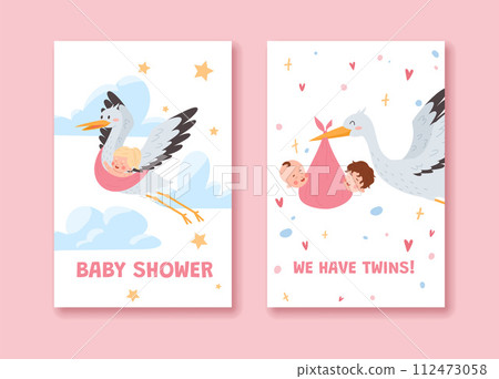 Storks carries babies, baby shower card, cartoon vector illustration 112473058