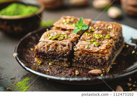 chocolate baklava with pistachio on wooden table. Traditional turkish dessert. Ai generative 112473102