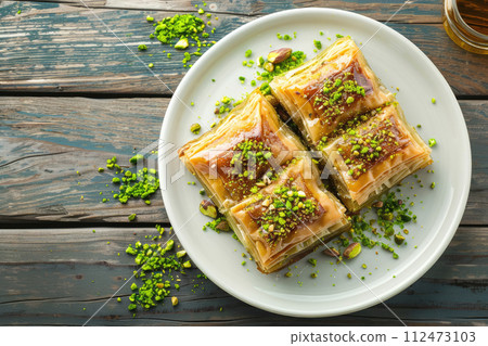 Pistachio Turkish baklava on a white plate on wooden table. Ai generative 112473103