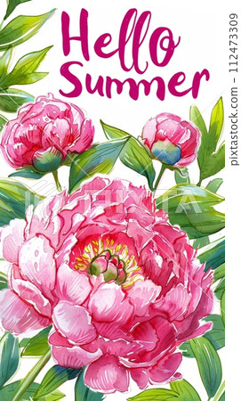 Watercolor illustration of a frame of summer peony flowers, inside the text Hello Summer, summer background Watercolor illustration of a frame of summer peony flowers, inside the text Hello Summer, summer background 112473309
