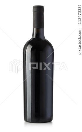 black wine bottle with red wine and black cap black wine bottle with red wine and black cap 112473325