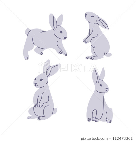 Set of flat hand drawn white bunnies in different poses. Sketchy hand drawn elements on white background. Ideal for decoration, stickers, greetings, banner and background. Spring concept 112473361