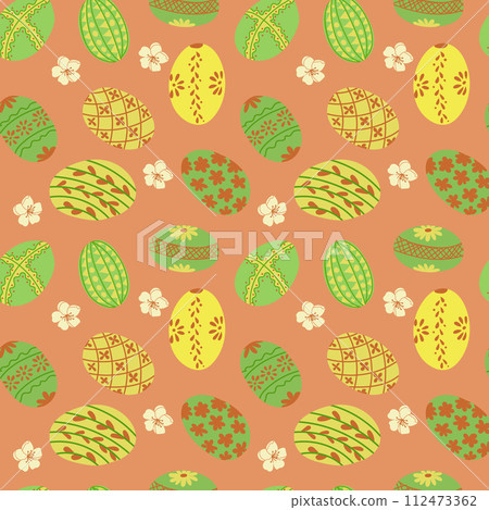 Easter flat colored seamless pattern with eggs. Flat colored decorated eggs with flowers on orange background. Unique retro print design for textile, wallpaper, interior, wrapping Easter flat colored seamless pattern with eggs. Flat colored decorated eggs with flowers on orange background. Unique retro print design for textile, wallpaper, interior, wrapping 112473362
