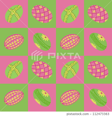 Easter contrast geometric pattern with easter eggs. Flat hand drawn decorated eggs in contrast squares. Unique retro print design for textile, wallpaper, interior, wrapping 112473363
