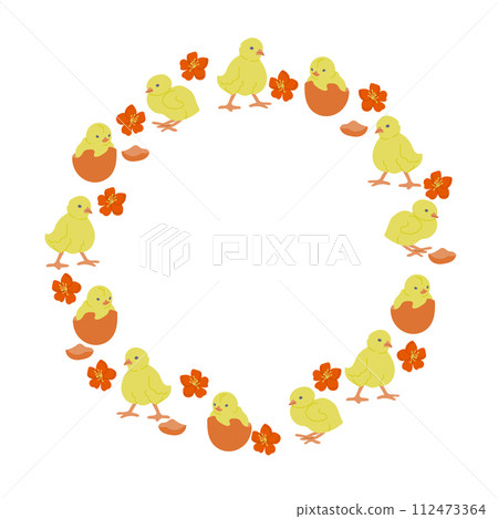 Easter flat wreath with baby chicken and flowers. Spring holiday concept. Sketchy hand drawn elements on white background. Ideal for as template for greetings, banner and background 112473364