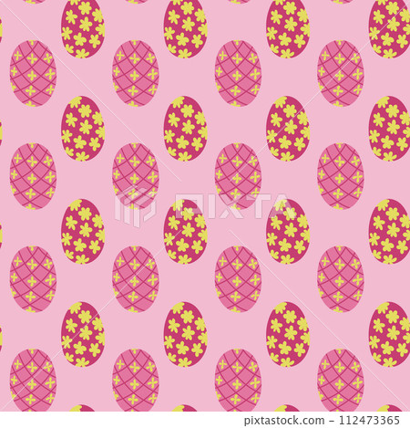 Easter eggs seamless pattern on pink background. Spring holiday concept. Flat colored decorated eggs isolated. Unique retro print design for textile, wallpaper, interior, wrapping 112473365