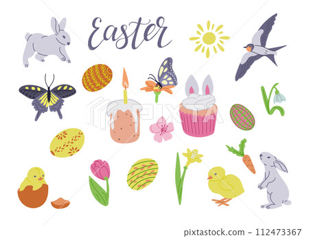 Easter collection with traditional items and food. Sketchy hand drawn elements on white background. Spring holiday concept. Ideal for decoration, stickers, greetings, banner and background 112473367
