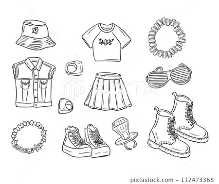 Retro 90s outfit with accessories in doodle style. Vector hand drawn outline sketchy drawings isolated on white background. Retro concept. Ideal for coloring pages, tattoo, pattern 112473368