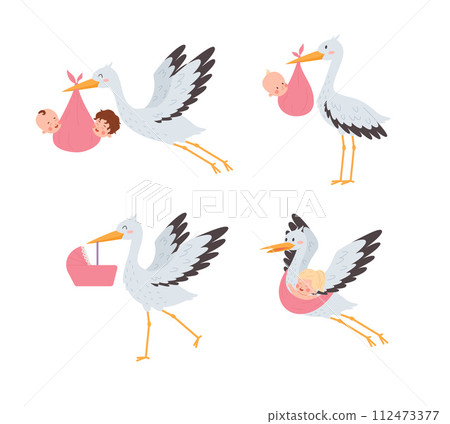 Birthday and baby shower images set of stork with baby, flat vector isolated. 112473377