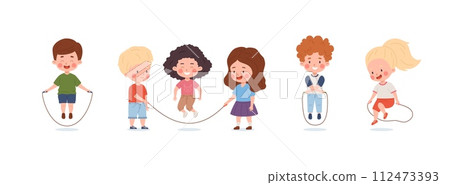 Happy cute kids play jump rope vector set, cartoon boy and girls skipping rope, have fun, sport activity, children game 112473393