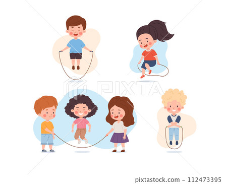 Kids jumping rope, set of cartoon vector illustration isolated on white Kids jumping rope, set of cartoon vector illustration isolated on white 112473395